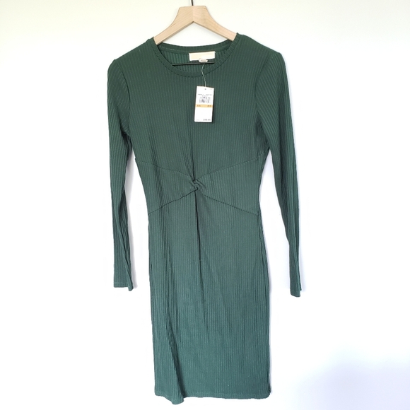 Micheal Kors Ribbed Knit Long Sleeve Front Twist Sheath Dress Green Sz Small - Picture 1 of 6